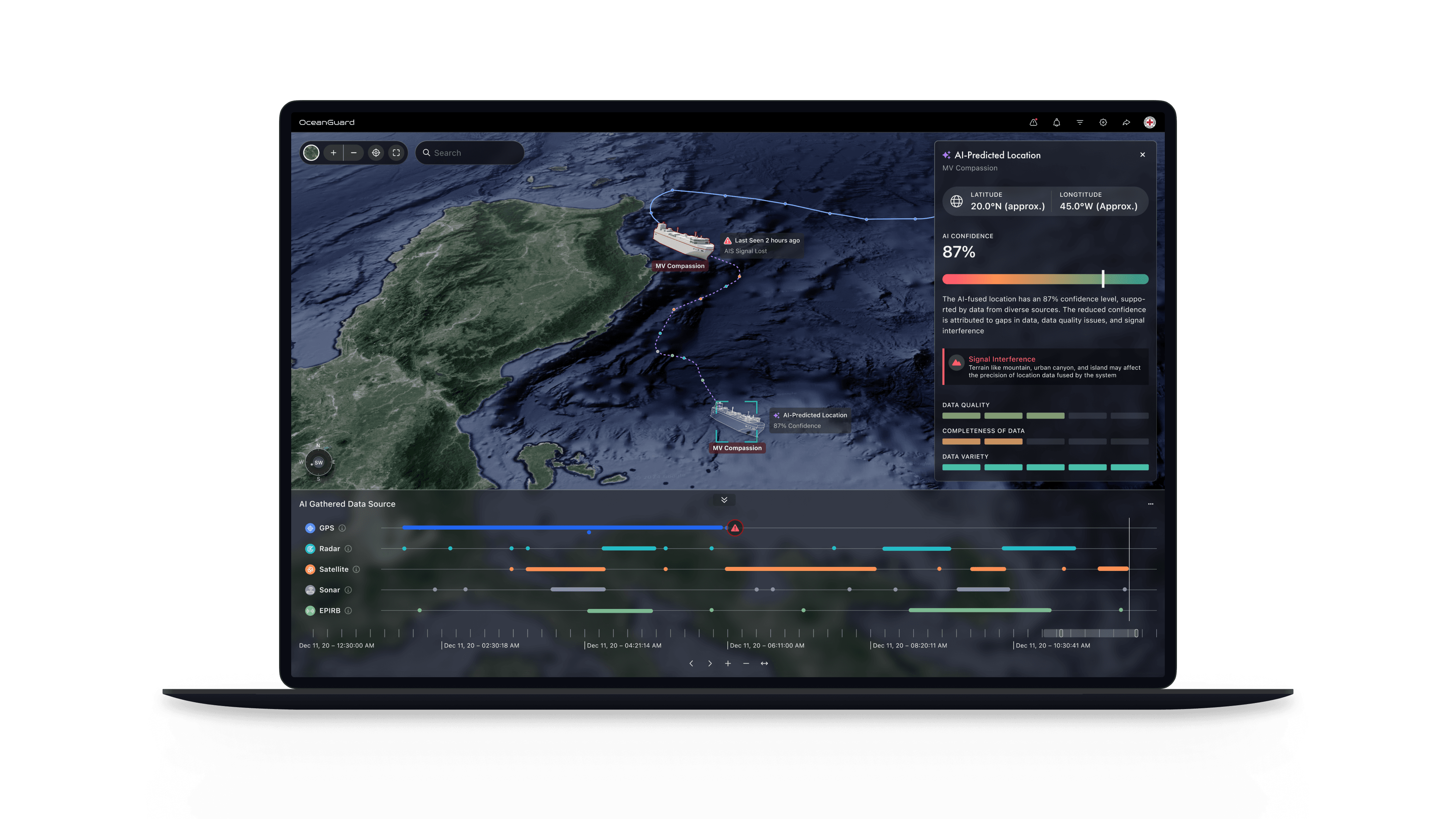 OceanGuard predicted location and uncertainty view