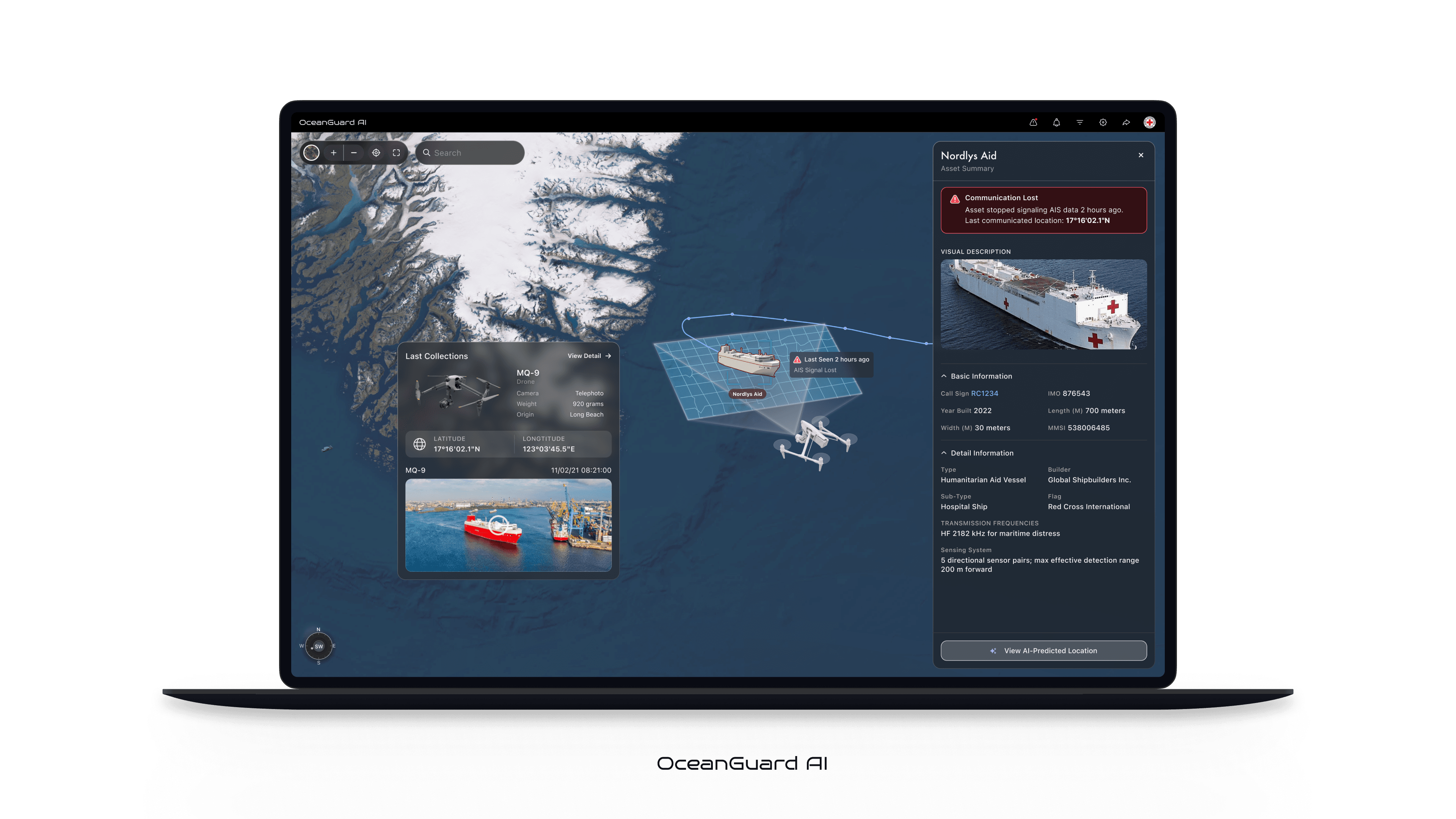 OceanGuard vessel location and recovery interface